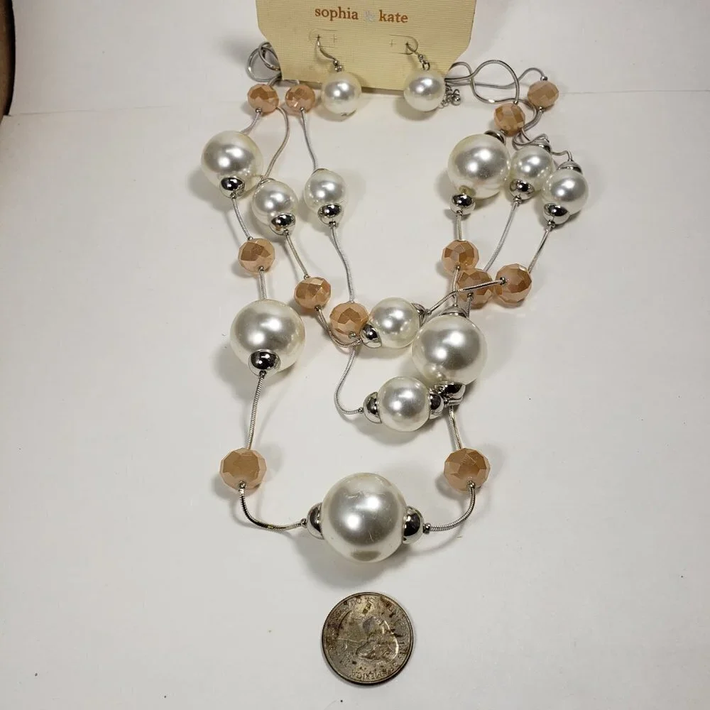 Multi Strand  Silver, Ivory & Cream color Beaded Necklace & Earrings  Jewelry